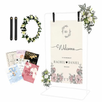 Wedding Welcome Sign Stand Fabric Banner Stand With Design Bundle Rose Vine | Linen Sign Holder Easel Stand for Sign Poster, Bridal Baby Shower With Stand Adjustable Welcome to Our Wedding, White - color: White