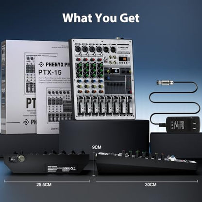 Professional Audio Mixer, Phenyx Pro Sound Console w/USB Audio Interface, 4-Channel Sound board DJ Mixer w/Stereo Equalizer, 16 DSP Effects, suitable for Stage, Live Gigs, and Karaoke (PTX-15)
