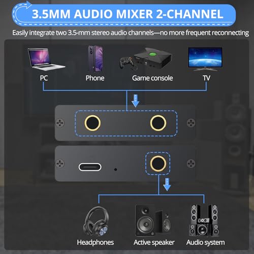 CAMWAY 3.5mm Audio Mixer 2-Channel,Clear Sound,No Echo,Dual-Device Mixing Output,Gold-Plated Connectors, Active Mixer Used with PC,Game Consoles,Phone,MP3 for Streaming,DJ,Home Recording,Desktop Audio - size: 2.2x2.2x0.6 in