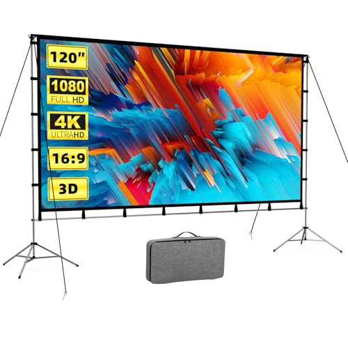 120 Inch Projector Screen with Stand, 16:9 4K HD, Video Projector Screen Indoor Outdoor Front/Rear with Carry Bag, Movie Screen for Home Backyard Camping Theater - color: Sliver Stand, size: 120 Inch