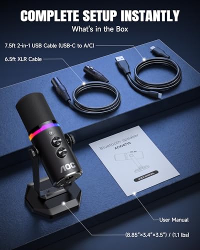 AOC USB/XLR Dynamic Microphone for PC Gaming, Podcast & Recording, Dual-Mode RGB Mic& Streaming Vocal Gear with Heavy-Duty Desk Stand, Clicky Mute, 7.5ft USB & 6.5ft XLR Cables Included