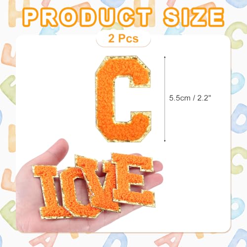 MECCANIXITY Chenille Letter Patches 2.2" Self Adhesive Alphabet C Stick on Embroidered Patch Sew on Letter Stickers Applique for Repairing Clothing Jeans Shoes Hats DIY(Orange, Pack of 2) - style: Letter-C