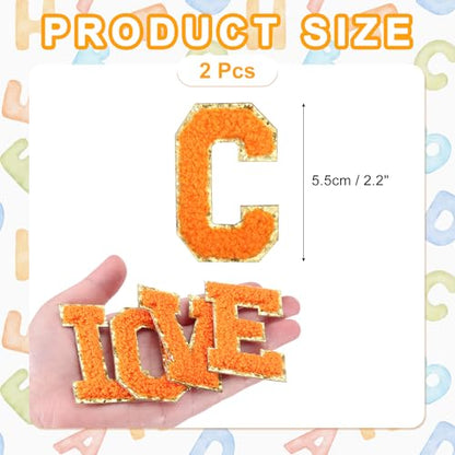 MECCANIXITY Chenille Letter Patches 2.2" Self Adhesive Alphabet C Stick on Embroidered Patch Sew on Letter Stickers Applique for Repairing Clothing Jeans Shoes Hats DIY(Orange, Pack of 2) - style: Letter-C