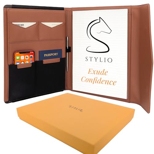 STLYIO Trifold Padfolio - Magnetic Closure. Stretchable Compartment for Tablet, Documents. Elastic Pockets for Phone, Gadgets, Passport, Travel Documents. Letter-Sized Notepad and Gift Box Included. - color: Tan, size: Padfolio w/ Magnetic Clasp (12.5" x