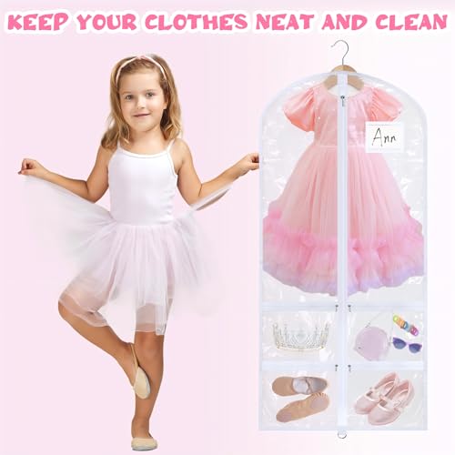 6 Pcs 24'' x 50'' Clear PVC Garment Bag Dance Costume Competition Bag with Rack Zippers Pockets Hanging Garment Covers Costume Organizer Costume Carrier for Adults Kids(Transparent White) - color: Transparent White