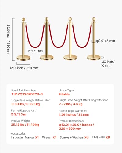 VEVOR Stanchions and Velvet Ropes 8Pcs, Hollow Base with Stainless Steel Post, 6 Red Velvet Ropes and Posts, Crowd Control Barriers Gold Stanchions, Red Carpet Runner Poles for Party Supplies - color: Gold