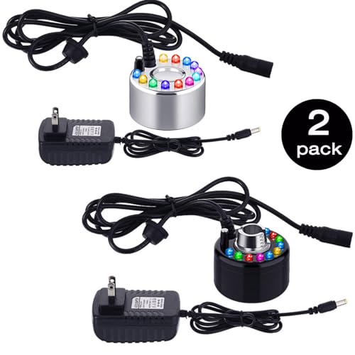 Yaomiao 2 Piece Halloween Mist Maker Fogger Small Ultrasonic Fog Machine Fountain Mister Fogger Water Garden Pond Foggers Air Humidifier with 12 LED Light Flashes for Halloween (Black and Silver) - color: Black and Silver
