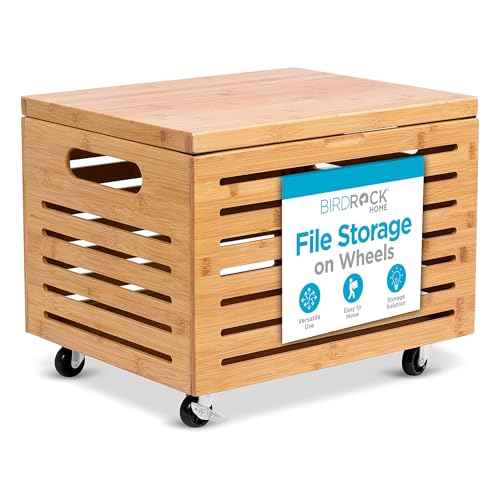 BIRDROCK HOME Rolling File Storage Organizer Box with Lid - Bamboo Decorative Wood Hanging File Box for Letter/Legal Documents, Binders, Blankets - Durable Office Organizer - Natural - color: Natural
