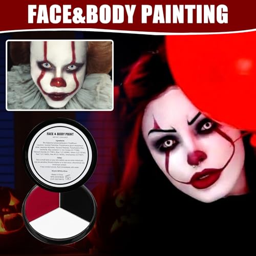 White Black Red Halloween Face Body Paint with 3PCS Sponge and 1PC Brush, for Baseball, Softball Sports(Eye Black) & Halloween (Joker, Clown), Face Painting Kit for Cosplay, SFX Costumes - color: White+Black+Red-1