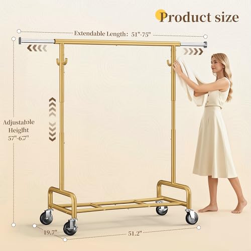 Raybee 75"W Heavy Duty Clothes Rack 450 LBS Rolling Garment Rack with Shelf | Extra Wide, Expandable, Height Adjustable, Tool-free Assembly, 360° Lockable Wheels, Bedroom Laundry Room - color: Gold, style: Rod Shelf