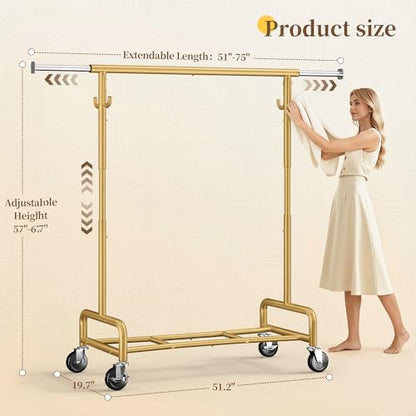 Raybee 75"W Heavy Duty Clothes Rack 450 LBS Rolling Garment Rack with Shelf | Extra Wide, Expandable, Height Adjustable, Tool-free Assembly, 360° Lockable Wheels, Bedroom Laundry Room - color: Gold, style: Rod Shelf