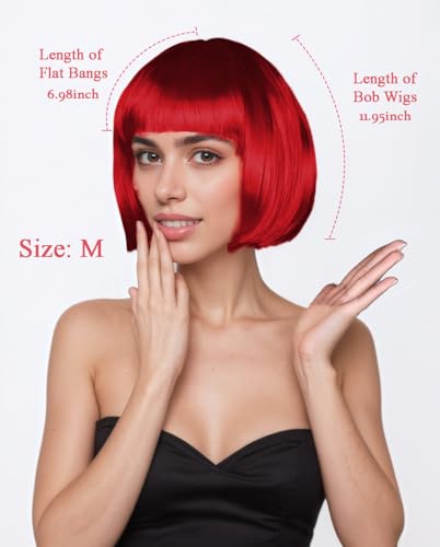 LIULIUBTY Short Bob Hair Wigs Straight with Flat Bangs Synthetic Colorful Cosplay Daily Party Neon Wig for Women + Free Wig Cap 12" Natural As Real (Red) - color: Red