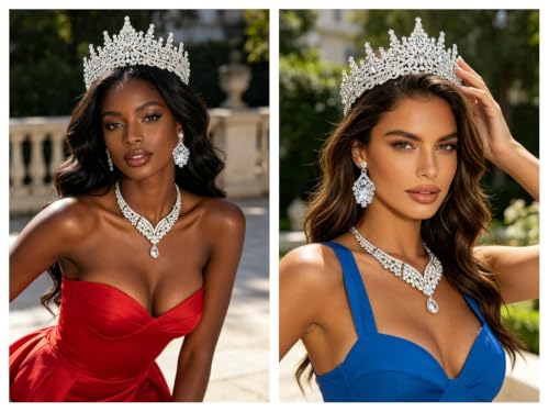 Tiaras Crowns for Women,Wedding Jewelry Set, Tiaras Necklace Earrings Crystal Bridal Wedding Jewelry Sets for Brides Bridesmaid Prom Costume Accessories - color: Silver