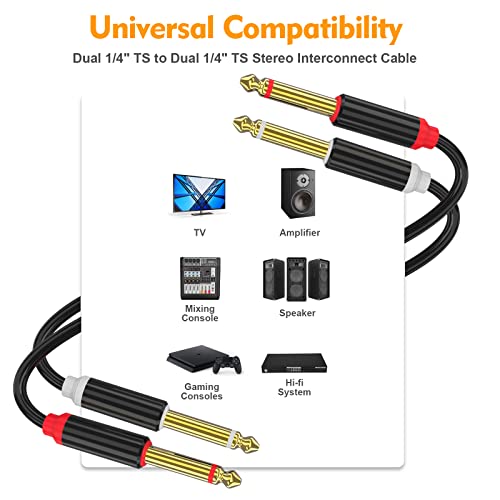 HOSONGIN Dual 1/4 inch TS to Dual 1/4 inch TS Stereo Interconnect Insert Cable, PVC Jacket Gold-Plated Plug Double Shielding Cable, 15 Feet - size: 15 Feet