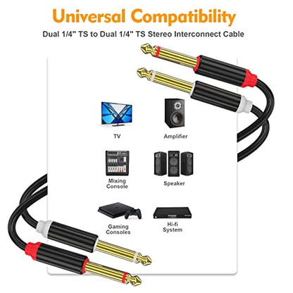 HOSONGIN Dual 1/4 inch TS to Dual 1/4 inch TS Stereo Interconnect Insert Cable, PVC Jacket Gold-Plated Plug Double Shielding Cable, 15 Feet - size: 15 Feet