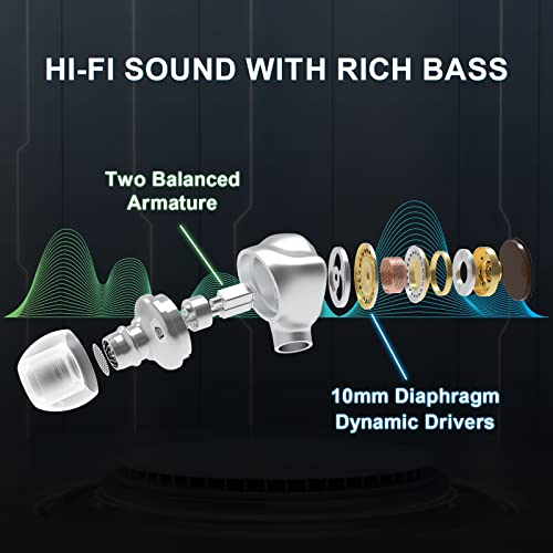 BASN Metalen 4 Drivers in-Ear Monitor Headphones, Wired Earbuds, White | 2BA+2DD Musicians Noise Isolating IEMs with Deep Bass, Two Detachable MMCX Cables with Case for Singers,Drummers,Bassists - color: White
