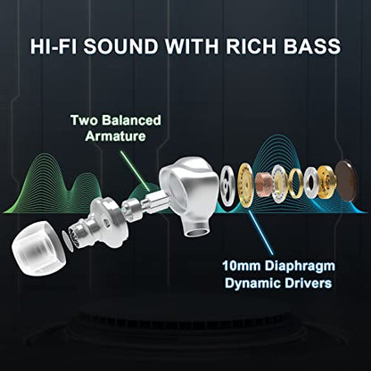 BASN Metalen 4 Drivers in-Ear Monitor Headphones, Wired Earbuds, White | 2BA+2DD Musicians Noise Isolating IEMs with Deep Bass, Two Detachable MMCX Cables with Case for Singers,Drummers,Bassists - color: White