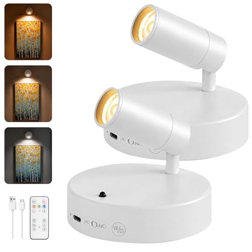 Spotlights Indoor with Remote, 5500Mah Rechargeable Picture Lights on Wall | Wireless Up Lights Indoor with 3 Colors & Dimmer, LED Picture Lights for Painting, Artwork, Large Battery Capacity - color: White-5500mAh