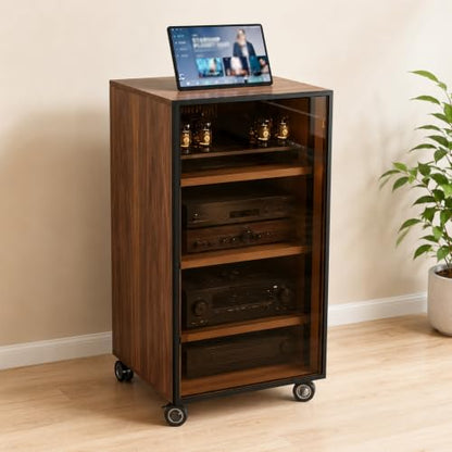 4-Tier Walnut Media Cabinet with Glass Door & Adjustable Shelves | 198 lb Capacity, Clear Tempered Glass with Metal Frame, Ventilated Design, Cable Management, and Locking Caster Wheels - color: Walnut, size: 4-tier