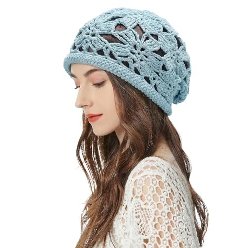 ZLYC Women Cotton Crochet Slouchy Beanie Hat Handmade Knit Summer Skull Cap | Lightweight breathable,boho casual chic look,travel photos festival party,café commute daily wear,beach concert gathering - color: Crochet Blue