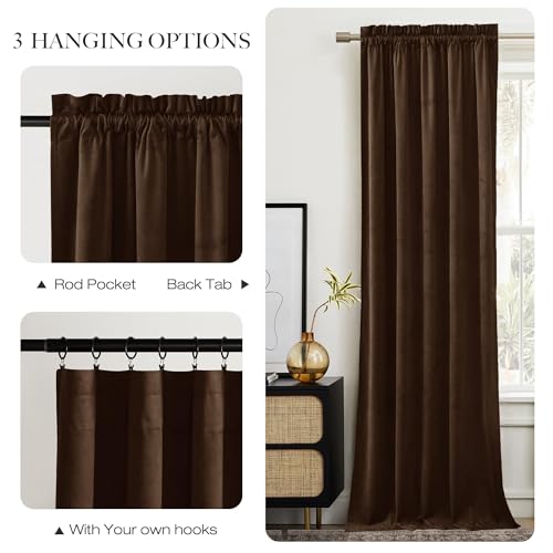 NICETOWN Brown Velvet Room Darkening Curtains 120" Length Rod Pocket Top - color: Brown Series - Brown, size: 52"W x 120"L (Pack of 2)