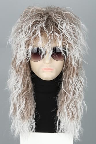 Men’s 80s Glam Metal Mullet Wig - Brown White Ombre Curly Retro Rocker Wig for Halloween & 80s Party Costumes - color: Brown/White