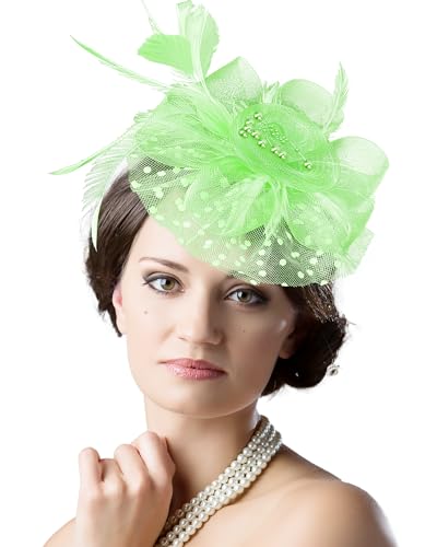 Fascinator Tea Party Hat Women 20s 50s Wedding Cocktail Flower Mesh Feathers Hair Clip for Carnival Halloween - color: A-light Green