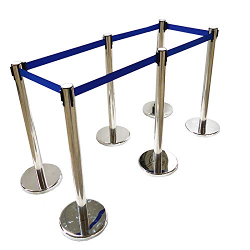 TECHTONGDA 6pcs Crowd Control Stanchions, Stanchion Posts Barrier, 35" Height Stainless Steel Polish Stanchion Set Barriers Queue Line with 9.1ft Blue Retractable Belt for Theater Hotels Clubs Museums