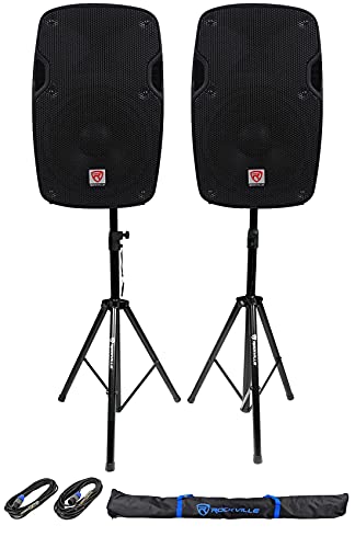 Rockville SPG84 8" Passive 800W DJ PA Speaker Pair Bundle with RVSS2 Stands | 4-Ohm, Speakon Inputs/Outputs, 400W Peak / 100W RMS Each, Titanium HF Driver, 2 20' 1/4" to NL-4 Cables, Carry Case, 4-items