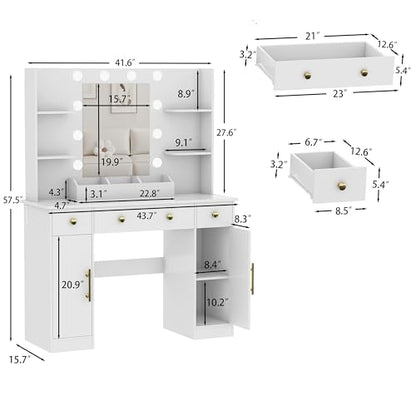 HUANLEGO Vanity Desk with Mirror and Lights, Makeup Vanity with Mirror and LED Lights & Power Outlet, 3 Drawers and Cabinets, 3 Lighting Modes Dressing Table Set for Girls Women Bedroom, White - size: 43.7x15.7x57.6 in, style: White