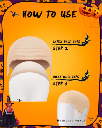 Hoedia 2-Pack Latex Bald Caps for Adults with 2 PCS Wig Caps, 12.9x7.48 in | Bald Head Wig Cap for Adults Women Men, Costume Accessories for Halloween Makeup Party, Themed Cosplay - size: 12.9x7.48 Inch