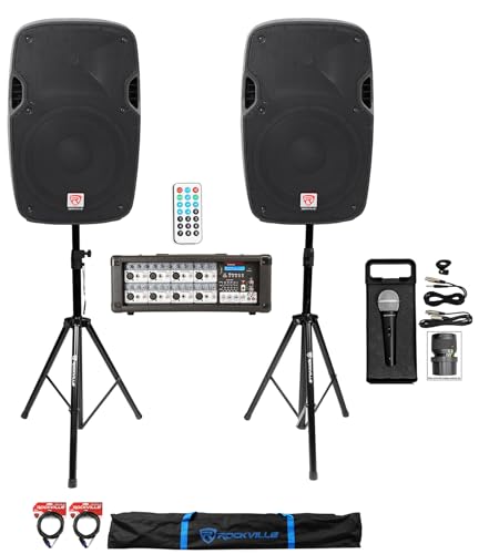 Rockville SPGN128 12" Passive DJ PA Speaker Pair Bundle with RPM80BT Mixer