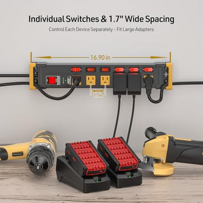 CRST 6-Outlet Metal Power Strip with Individual Switches 15A/1875W, 15FT - color: Black+Yellow, size: 6 Outlet-15FT