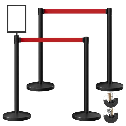 4-Pack Black Stainless Steel Crowd Control Stanchions, 9.8 ft Retractable Red Safety Belts with 1 Sign Holder(Red Belt) - color: Black stanchions w Red Belt, size: 4 pcs