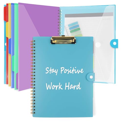 Clipboard Folio with Notepad, Multifunctional Clipboard Folder with Storage, 5 Folders with 11 Pockets, Waterproof Organizer with Refillable Notepad 40 Page A4, Lightweight, Button Closure (Blue) - color: Blue