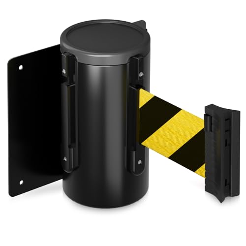 kaiyomi 11 Feet Retractable Belt Barriers Wall Mount (Black & Yellow Belt) | Crowd Control Barriers with Black Steel Case, Stainless Steel Spring Expansion Belts - color: Black and Yellow, size: 11 Feet Upgraded