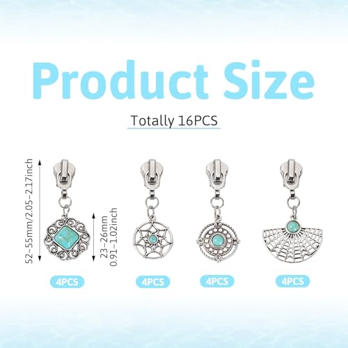 Sparkeads 16Pcs Turquoise Alloy Zipper Replacement Slider,Antique Silver Zippers Sliders for Sewing,Metal Zipper Pull Replacement for DIY Craft Bag Luggage Clothing Wallet Jacket Supplies-Circular - style: Circular