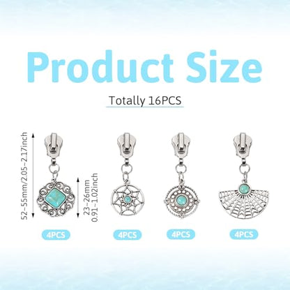Sparkeads 16Pcs Turquoise Alloy Zipper Replacement Slider,Antique Silver Zippers Sliders for Sewing,Metal Zipper Pull Replacement for DIY Craft Bag Luggage Clothing Wallet Jacket Supplies-Circular - style: Circular