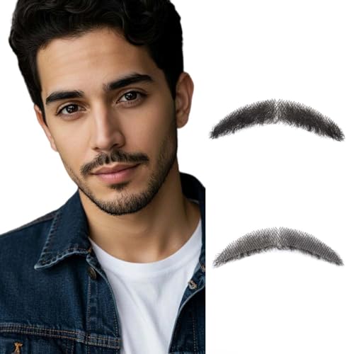 Parceria Realistic Mustache, Natural Looking Costume Facial Hair, Human Hair Curly Fake Beard and Mustache, Trimmable and Customizable Beard Invisible Lace for Men (QSH Black Beard) - color: QSH Black Beard