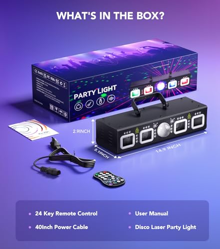 KeoBin DJ Lights for Parties, Pro 6 in 1 DMX & Sound Activated Laser Light Show Machine with Disco Ball Light, RGBW & UV Strobe Party Lights Indoor for Rave Club Dance Bar Gig DJ Lighting | Disco Ball Lights, Wide Laser Beams, RGBW+UV Strobes, DMX512, Rem
