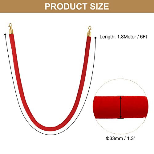 PATIKIL 6 Feet Red Velvet Stanchion Rope, Crowd Control Barrier Rope with Snap Hooks for Posts Stands Queue Divider of Hotel Theater, Golden - color: Red, size: 6 Feet