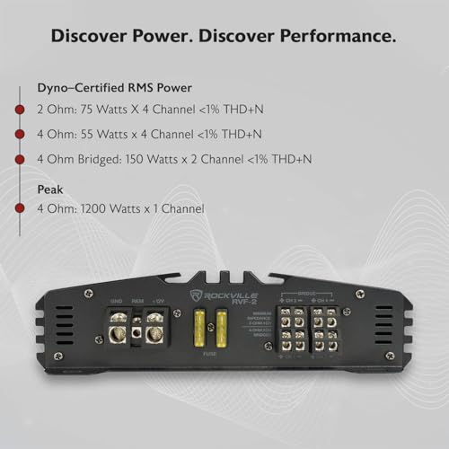 Rockville RVF-2 4-Channel Car Amplifier, 1200W Peak/300W RMS, Class-AB, MOSFET, Adjustable Crossover, Bass EQ, Perfect for Subwoofers and Car Audio | MOSFET Power Supply, Adjustable Crossover, 12dB Bass EQ, IC Protection, Soft Start, 2 Ohm Stable, LP/HP F