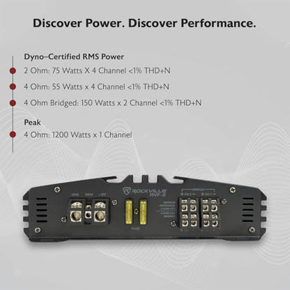 Rockville RVF-2 4-Channel Car Amplifier, 1200W Peak/300W RMS, Class-AB, MOSFET, Adjustable Crossover, Bass EQ, Perfect for Subwoofers and Car Audio | MOSFET Power Supply, Adjustable Crossover, 12dB Bass EQ, IC Protection, Soft Start, 2 Ohm Stable, LP/HP F