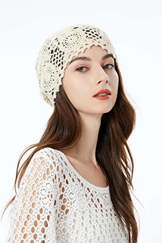 ZLYC Women Cotton Crochet Slouchy Beanie Hat Handmade Knit Summer Skull Cap | Lightweight breathable,boho casual chic look,travel photos festival party,café commute daily wear,beach concert gathering - color: Beige Ponytail