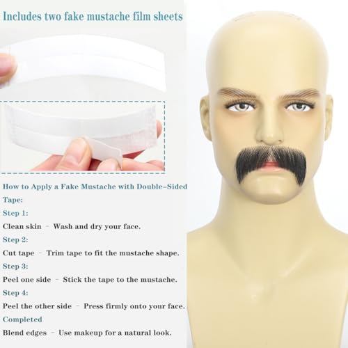 Hand-Tied Human Hair Fake Beard and Mustache for Costumes and Theater | Hand-knotted human hair on lightweight lace creates natural-looking facial hair for costumes, cosplay, theater and film - color: Style 4--black