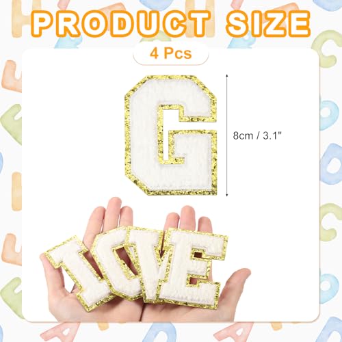 MECCANIXITY Chenille Letter Patches 3.1" Alphabet G Iron on Embroidered Patch Sew on Letter Stickers Applique for Repairing Clothing Jeans Shoes Hats DIY(White, Pack of 4) - style: Letter-G