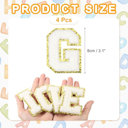 MECCANIXITY Chenille Letter Patches 3.1" Alphabet G Iron on Embroidered Patch Sew on Letter Stickers Applique for Repairing Clothing Jeans Shoes Hats DIY(White, Pack of 4) - style: Letter-G