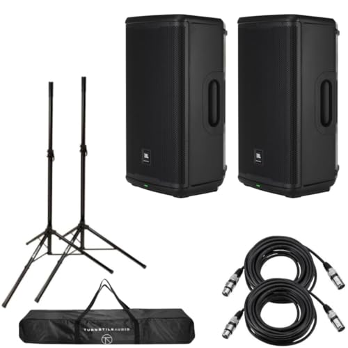 JBL EON712 12" 1300W Powered Portable PA Speaker with Bluetooth and DSP, Pair, Bundle with Turnstile Audio Speaker Stands, Pair, 2X H&A XLR M to F Cable 25'