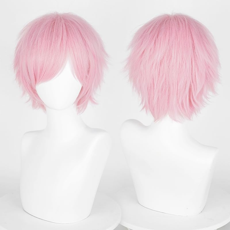LABEAUTÉ Short Baby Pink Anime Cosplay Wig Male Men Anime Layered Unisex Heat Resistant Hair Wig with Bangs for Party and Halloween for Gift + Free Cap - color: Baby Pink