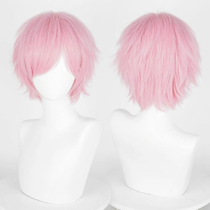 LABEAUTÉ Short Baby Pink Anime Cosplay Wig Male Men Anime Layered Unisex Heat Resistant Hair Wig with Bangs for Party and Halloween for Gift + Free Cap - color: Baby Pink